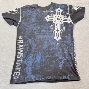 Raw State T-Shirt Men Large V Neck Cross Wings All Over Graphic Biker Style